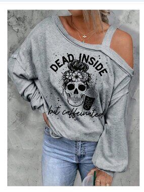 Women's Large Skull Coffee Bow Gray Off Shoulder Graphic Tee Tank Top Over Sized
